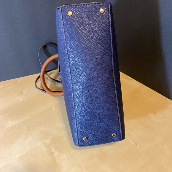 Anne Klein Navy & Cognac Pebbled Satchel with Crossbody Strap - Picture 9 of 9